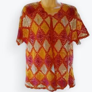 Vintage Fiorlini Boho Hippie Crochet Short-Sleeve Button Up Sweater 70s Vibe~ M